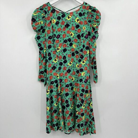 Zara Green Floral‎ Mini Dress 3/4 Length Ruched Sleeves Tie Back Size XS NWT - Picture 2 of 9